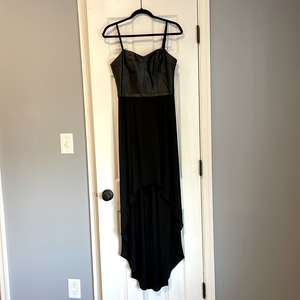 BCBGMaxAzria Black Faux Leather Bodice Strappy Sleevell High Low Gown